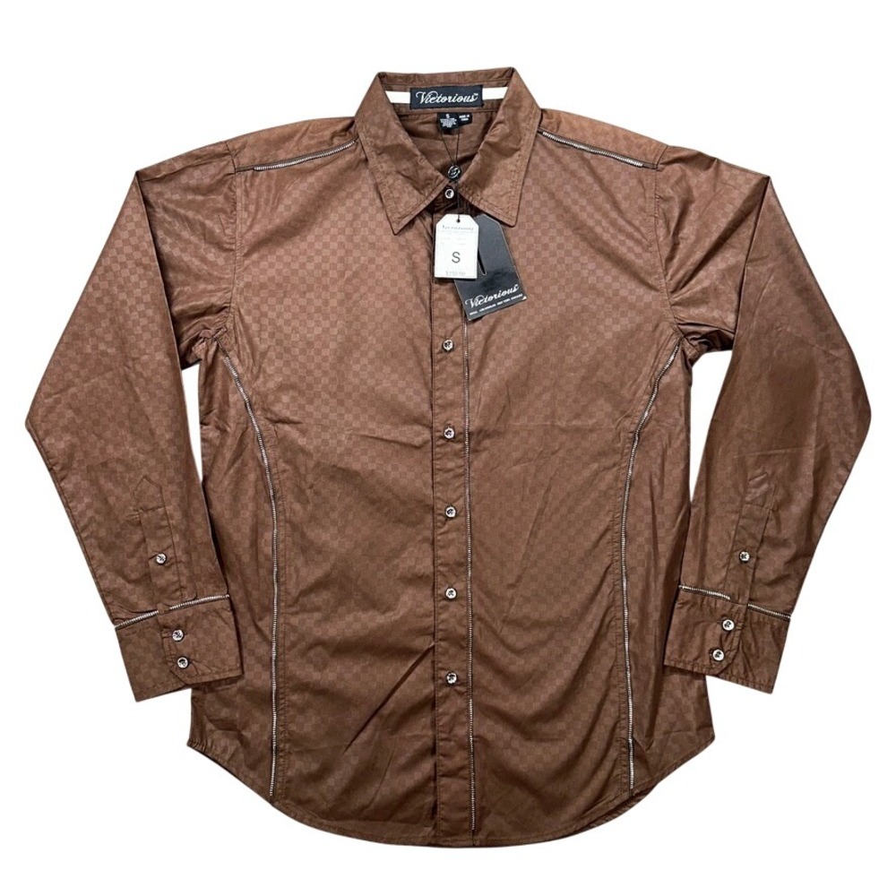 Y2K Victorious Shirt Mens S Brown Checkerboard Zipper Trim clubwear Streetwear
